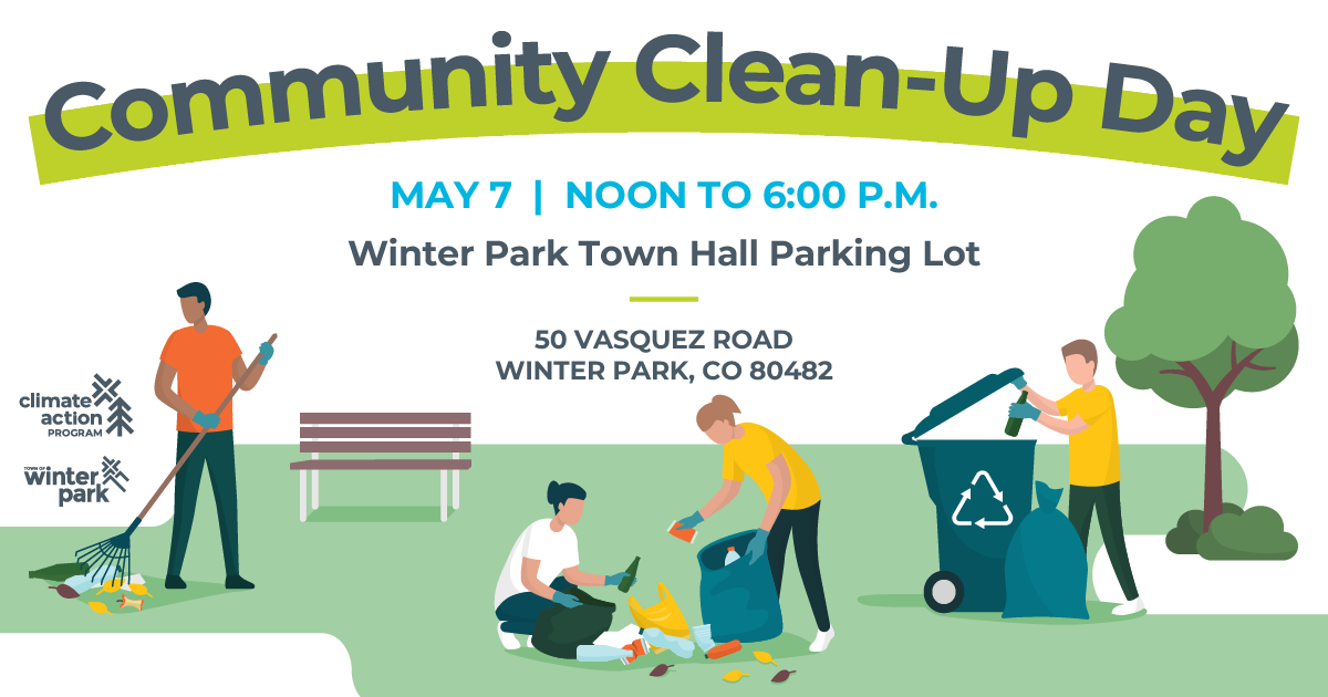 Graphic with information on the May 7 Community Clean-up day. All information can be found on the webpage.