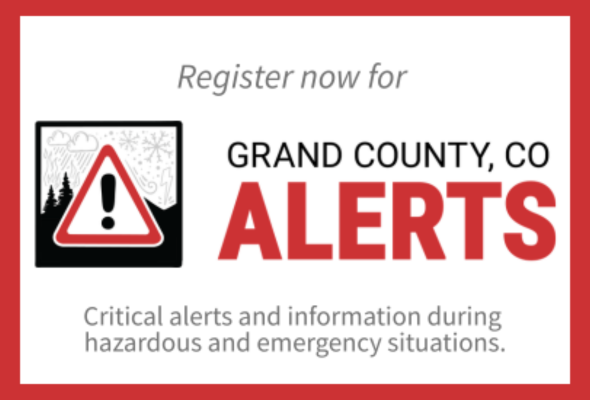 Grand County, CO Alerts graphic with warning sign and weather icon.