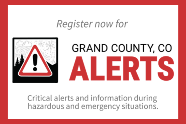 Grand County, CO Alerts graphic with warning sign and weather icon.